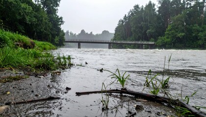 Rainy Day Landscape with River and Bridge Under Cloudy Sky