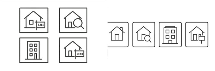 Real estate icons representing sale and rent options for houses and apartments in a minimalistic design