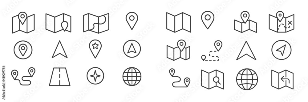 Poster different types of map icons for navigation and location services in various styles and shapes