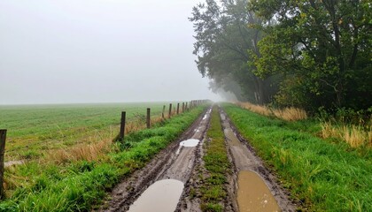 Fototapeta premium Muddy Country Pathway Under Foggy Sky Amidst Grass and Trees