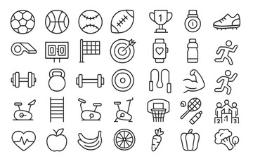 Collection of sports and fitness icons depicting various activities and healthy lifestyle elements