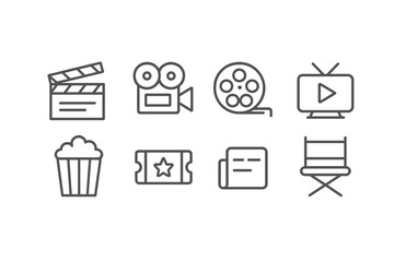 Movie production elements with clapperboard, film reel, popcorn, ticket, and director's chair illustrated in minimal style
