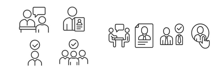 Obraz premium Various icons illustrating professional interactions, evaluations, and group discussions in a modern office setting