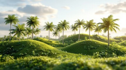Naklejka premium Lush Green Landscape with Palm Trees Under Bright Sky at Golden Hour in Tropical Environment