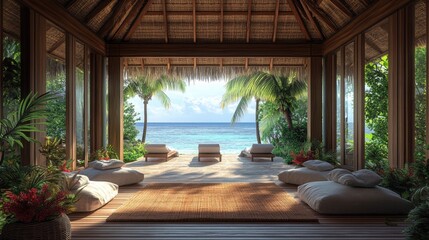Fototapeta premium Tranquil beachfront villa with tropical decor, sandy view, and inviting relaxation spaces for peaceful escape