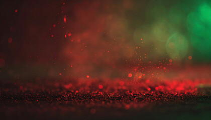 Vibrant hues of red and green create an abstract backdrop with sparkling droplets, evoking a sense of motion and festive energy