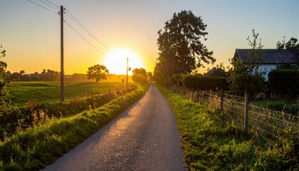 Obraz premium Serene Country Road at Sunset Surrounded by Lush Greenery