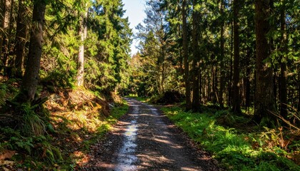 Naklejka premium Serene Forest Pathway Surrounded by Lush Green Trees and Sunlight