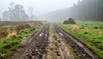 Obraz premium Misty Dirt Path Through Forest Landscape in Overcast Weather