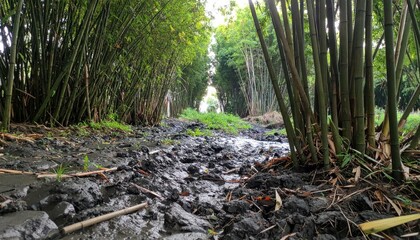Serene Pathway Through Lush Bamboo Forest with Water Flowing