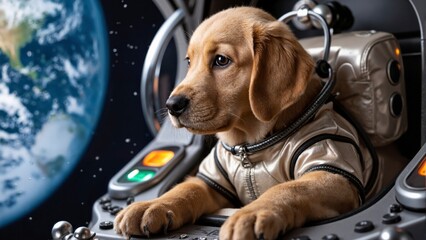 A dog is wearing a space suit and is sitting in a spaceship