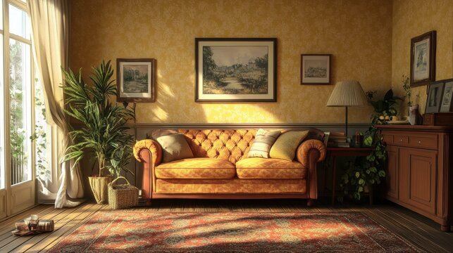Cozy Living Room Interior with Yellow Wallpaper, Elegant Couch, Greenery, and Soft Lighting for Home Decor