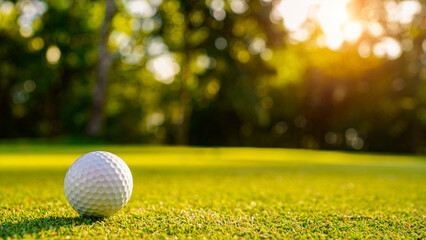 Golf ball is on a green lawn in a beautiful golf course with morning sunshine.