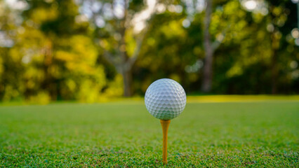 Golf ball on tee in a beautiful golf course with morning sunshine.