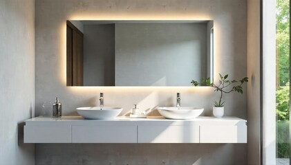 Fototapeta premium Sleek modern bathroom mirror, frameless design, clean, equipment