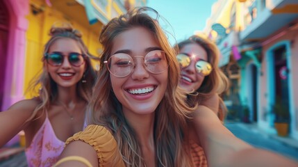 smiling company of friends having fun, making a selfie