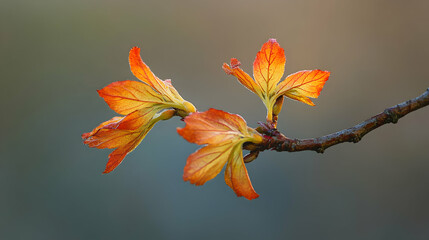 Delicate orange leaf buds sprouting on a twig against a blurred background