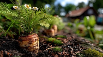 Carrot plant with flowers growing in the ground