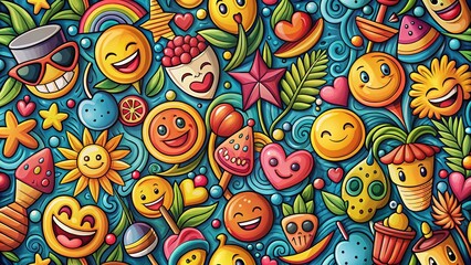 Naklejka premium Fun Summer Emoji Doodle Pattern Background - Bright Colorful Repeat Design