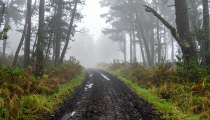 Fototapeta premium Foggy Forest Trail in Morning Mist with Muddy Path and Trees