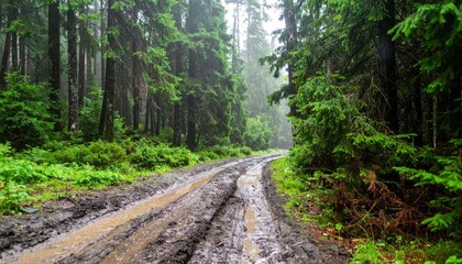 Misty Forest Path Through Wet Muddy Trail Surrounded By Greenery