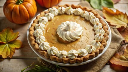 A freshly baked pumpkin pie with a golden crust and a fluffy whipped cream topping sits on a rustic wooden table, surrounded by fall leaves.