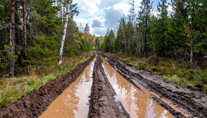 Obraz premium Muddy Path in Forest with Lush Green Trees and Blue Sky