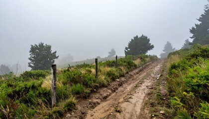 Fototapeta premium Misty Pathway Through Lush Greenery in Foggy Mountain Landscape