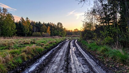 Scenic Rural Muddy Pathway at Dusk Surrounded by Nature