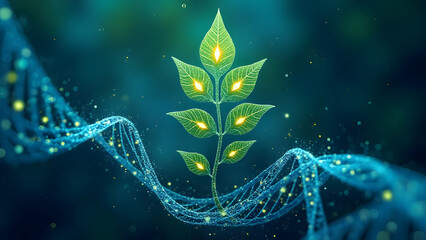 Geometric Plant Forms with Leaves Composed of Hexagonal Cells Containing Glowing Vitamin Symbols Emerging from Spiral Genetic Code