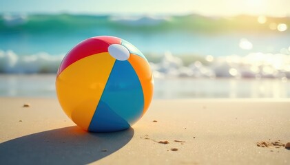 A brightly colored beach ball leaves a child's grasp, vacation, play
