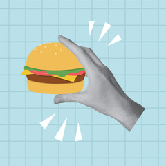 Collage design with hand holding burger on blue background. Holiday, birthday, party concept