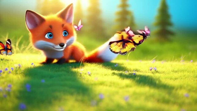 Fuchsbaby spielt mit Schmetterling (3D-Stil)
