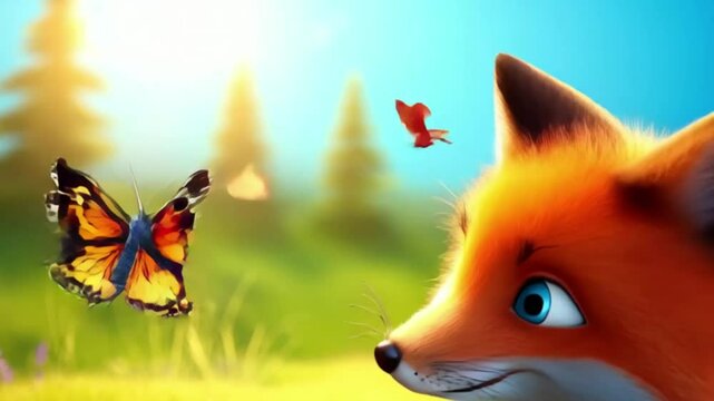 Fuchsbaby spielt mit Schmetterling (3D-Stil)