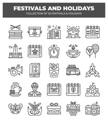 Collection of 25 Festivals and Holidays. Line Icons