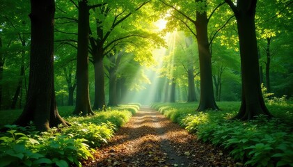 Obraz premium Sun-dappled beech forest floor, lush green canopy, wild, rural, timber