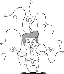 Direction of work or choosing the right path to success, business decision making concept, career path, Businessman with question mark and thinking which way to go. Hand drawn vector illustration.
