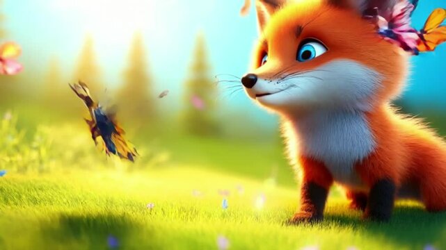 Fuchsbaby spielt mit Schmetterling (3D-Stil)