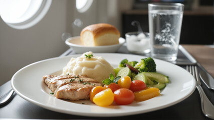 Nutritious Airplane Meal – Grilled Chicken, Fresh Vegetables, and Dinner Roll on White Plate for In-Flight Service Promotions and Flight Attendant Day Content