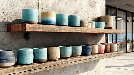 Ceramic pots displayed on wooden shelves
