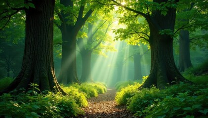Ancient woodland, towering trees, dappled light, trees, shadow, tall
