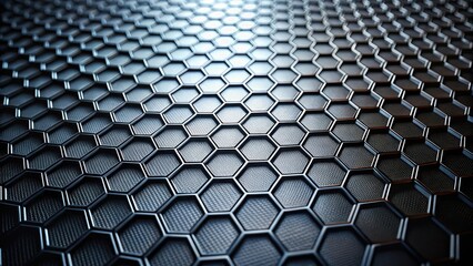 Fototapeta premium Close-up shot of black hexagonal grid with metallic finish, ideal for showcasing intricate details and textures in tech-themed wallpapers or product designs , metal, detail