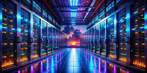 Fototapeta premium Futuristic Server Room: Digital Cloud Network Hub at Night - Stock Photo