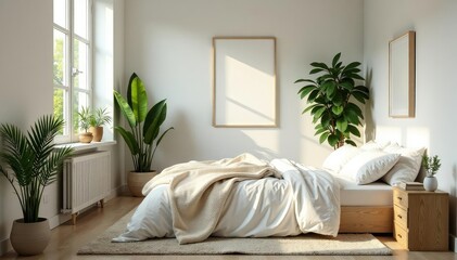 Bright, airy bedroom with plants, natural light, serene, modern, botanical