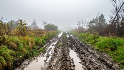 Fototapeta premium Foggy Muddy Pathway Through Wet Landscape in Autumn Season