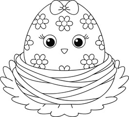 Cute easter chick egg in nest with flowers coloring page illustration