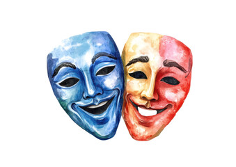 watercolor drawing of carnival masks two faces in red and blue isolated on white or transparent png