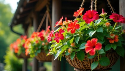 Naklejka premium Vibrant hanging baskets overflowing with colorful flowers and lush greenery , patio, botanical