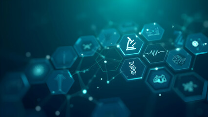Minimalist Medical Icons Including Microscope and DNA Structure Arranged in Hexagonal Cells Against Deep Blue to Teal Gradient