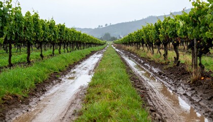Naklejka premium Serene Row of Vineyards Under Soft Rain in Lush Green Landscape